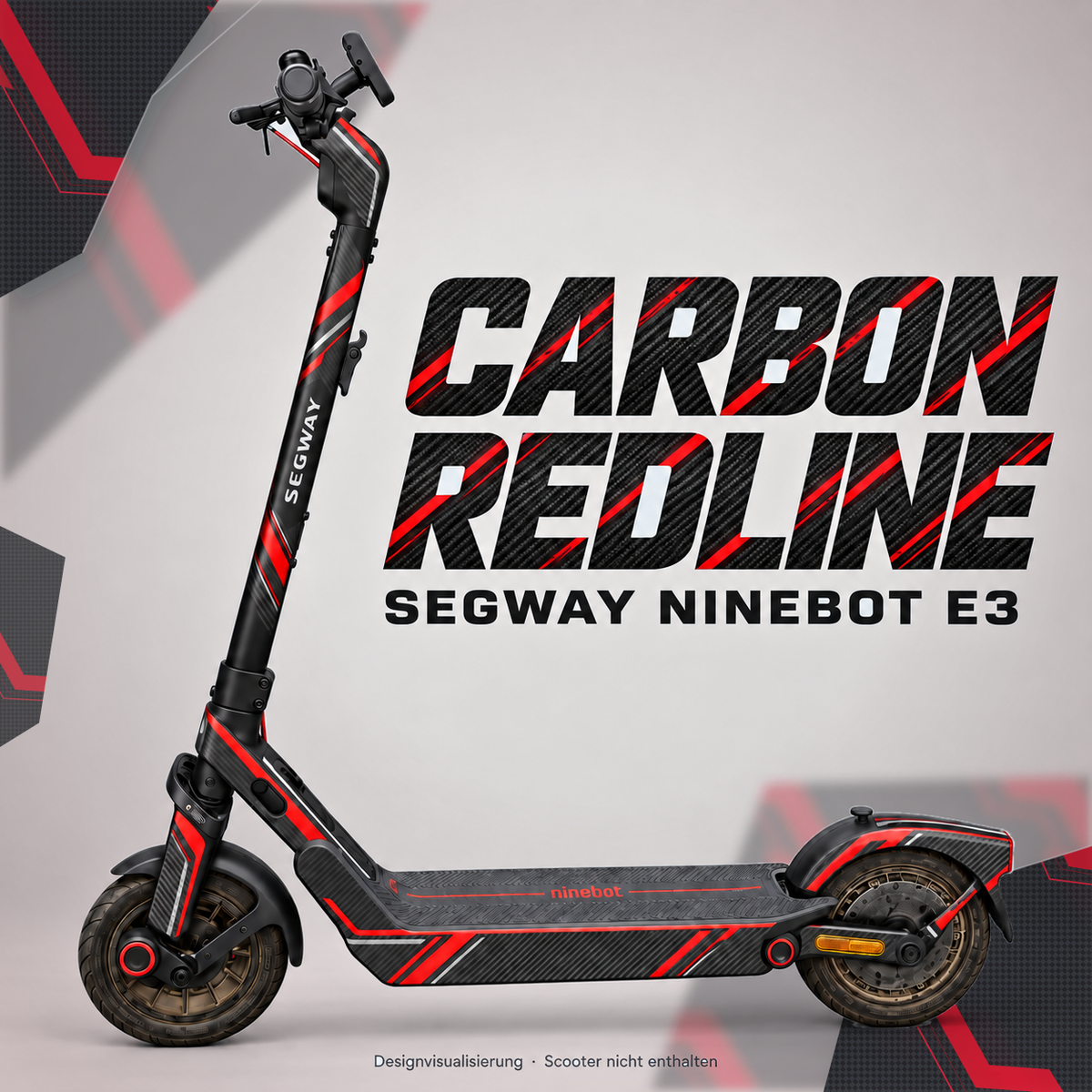 SEGWAY NINEBOT E3 SKIN | CARBON REDLINE – Designvisualisierung am passenden Scooter. Scooter nicht enthalten.