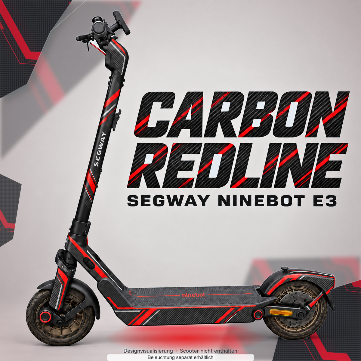 SEGWAY NINEBOT E3 / E3 PRO SKIN | CARBON REDLINE – Designvisualisierung mit optionalem Lichteffekt. Beleuchtung und Reifenaufkleber separat erhältlich. Scooter nicht enthalten.