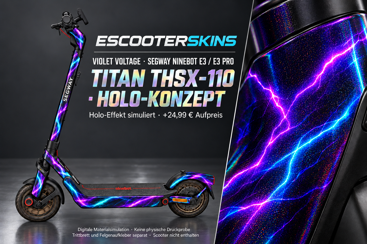 SEGWAY NINEBOT E3 / E3 PRO SKIN | VIOLET VOLTAGE – Holo-Effekt simuliert; +24,99 EUR Aufpreis. Digitale Materialsimulation, keine physische Druckprobe. Nur Body-Skin; Trittbrett und Felgenaufkleber separat; Scooter nicht enthalten.