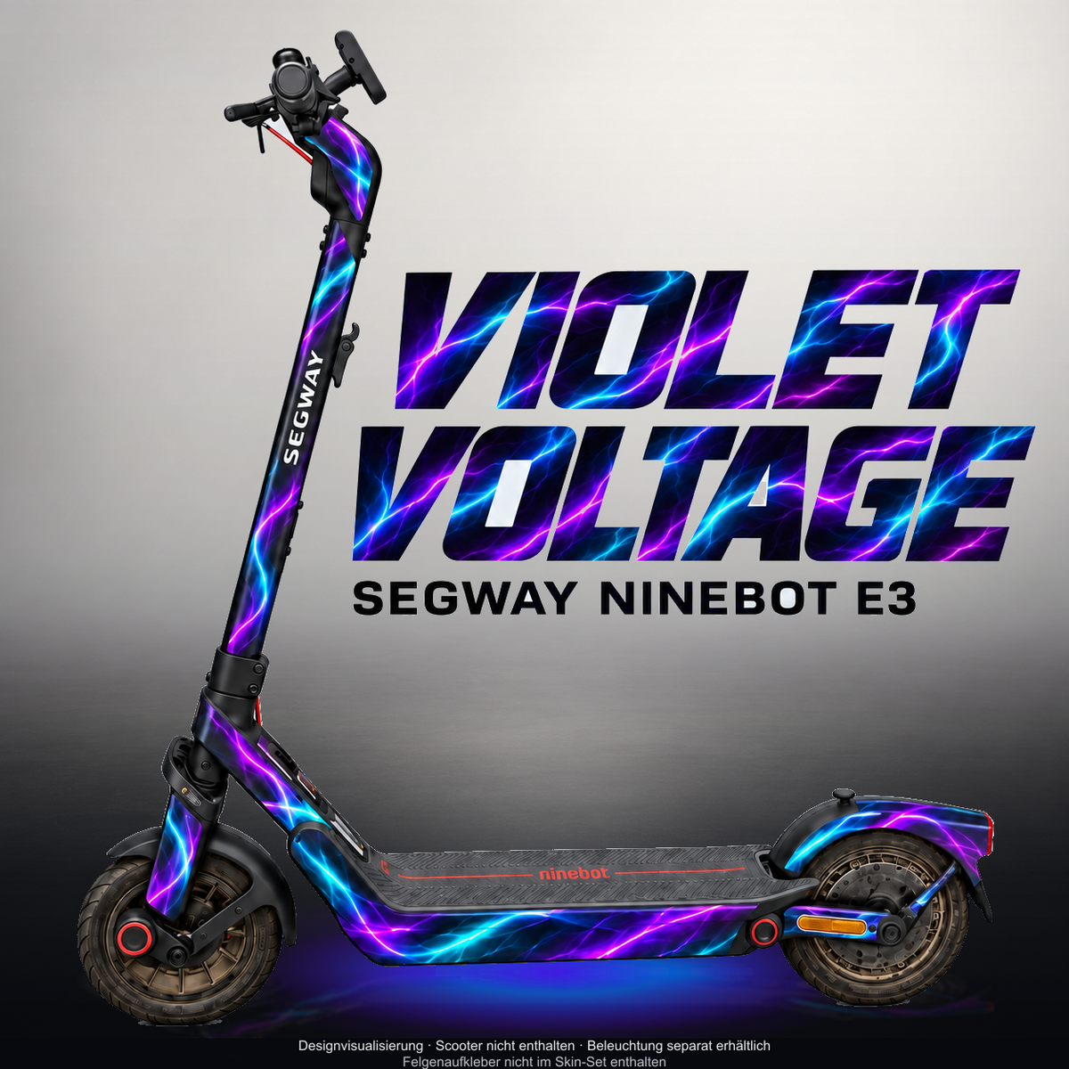 SEGWAY NINEBOT E3 / E3 PRO SKIN | VIOLET VOLTAGE – Designvisualisierung mit Licht in der Skinfarbe; Scooter nicht enthalten, Beleuchtung separat erhältlich