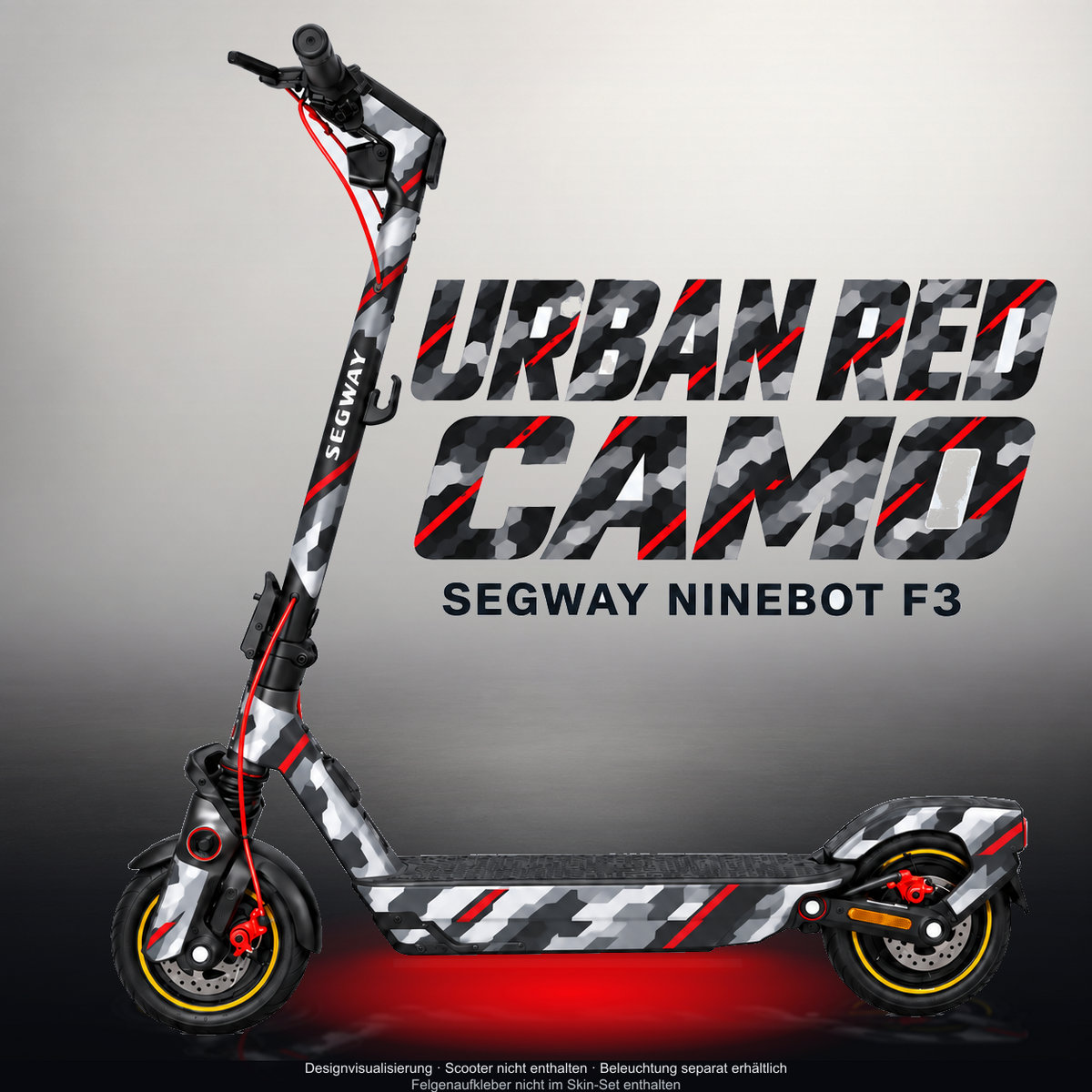 SEGWAY NINEBOT F3 / F3 PRO SKIN | URBAN RED CAMO – Designvisualisierung mit Licht in der Skinfarbe; Scooter nicht enthalten, Beleuchtung separat erhältlich