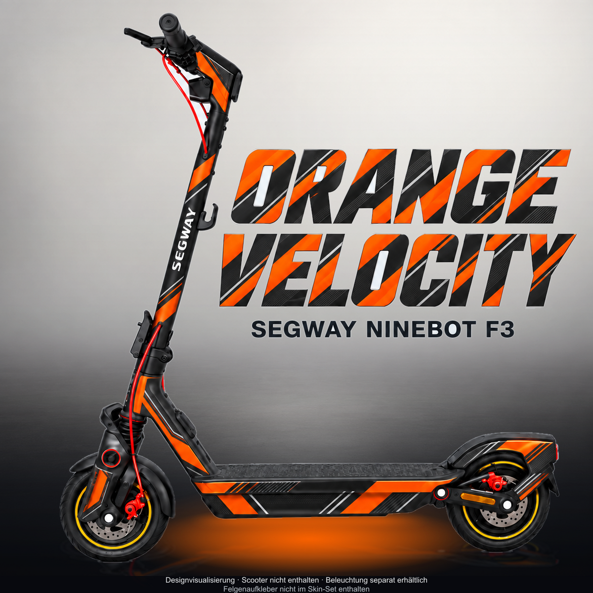 SEGWAY NINEBOT F3 / F3 PRO SKIN | ORANGE VELOCITY – Designvisualisierung mit Licht in der Skinfarbe; Scooter nicht enthalten, Beleuchtung separat erhältlich