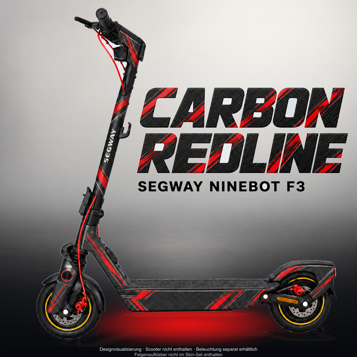 SEGWAY NINEBOT F3 / F3 PRO SKIN | CARBON REDLINE – Designvisualisierung mit Licht in der Skinfarbe; Scooter nicht enthalten, Beleuchtung separat erhältlich