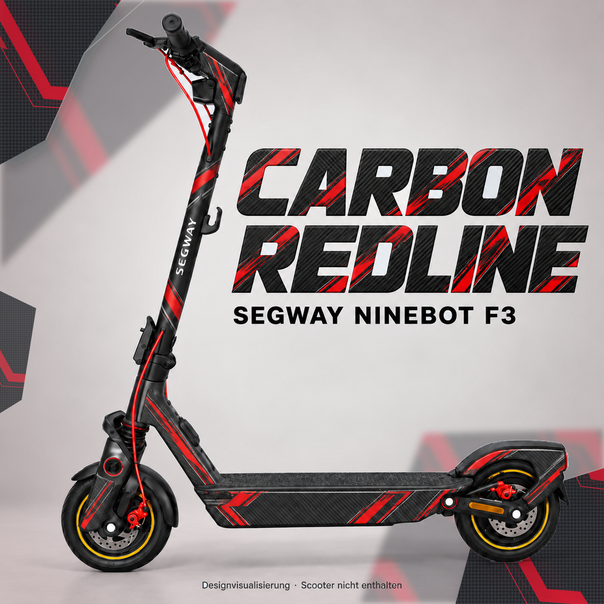 SEGWAY NINEBOT F3 SKIN | CARBON REDLINE – Designvisualisierung am passenden Scooter. Scooter nicht enthalten.