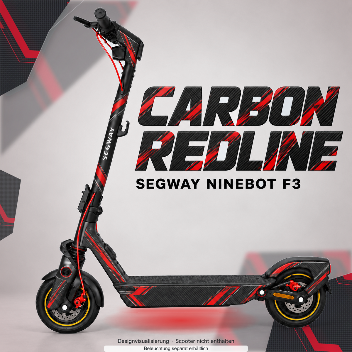 SEGWAY NINEBOT F3 / F3 PRO SKIN | CARBON REDLINE – Designvisualisierung mit optionalem Lichteffekt. Beleuchtung und Reifenaufkleber separat erhältlich. Scooter nicht enthalten.