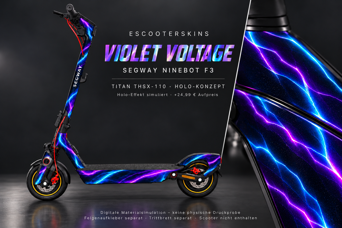 SEGWAY NINEBOT F3 / F3 PRO SKIN | VIOLET VOLTAGE – Holo-Effekt simuliert; +24,99 EUR Aufpreis. Digitale Materialsimulation, keine physische Druckprobe. Nur Body-Skin; Trittbrett und Felgenaufkleber separat; Scooter nicht enthalten.