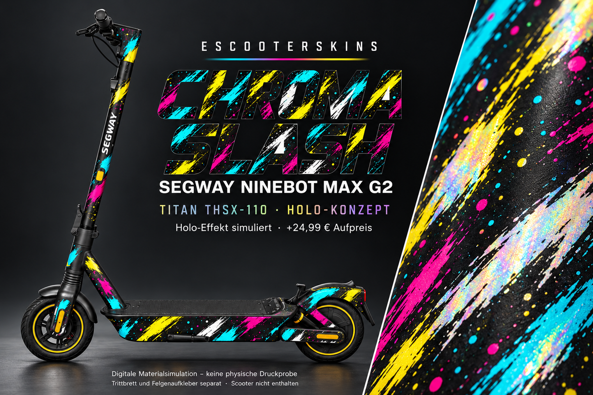 SEGWAY NINEBOT G2 MAX SKIN | CHROMA SLASH – Holo-Effekt simuliert; +24,99 EUR Aufpreis. Digitale Materialsimulation, keine physische Druckprobe. Nur Body-Skin; Trittbrett und Felgenaufkleber separat; Scooter nicht enthalten.