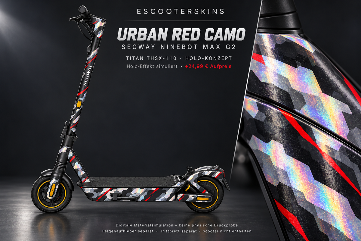 SEGWAY NINEBOT G2 MAX SKIN | URBAN RED CAMO – Holo-Effekt simuliert; +24,99 EUR Aufpreis. Digitale Materialsimulation, keine physische Druckprobe. Nur Body-Skin; Trittbrett und Felgenaufkleber separat; Scooter nicht enthalten.