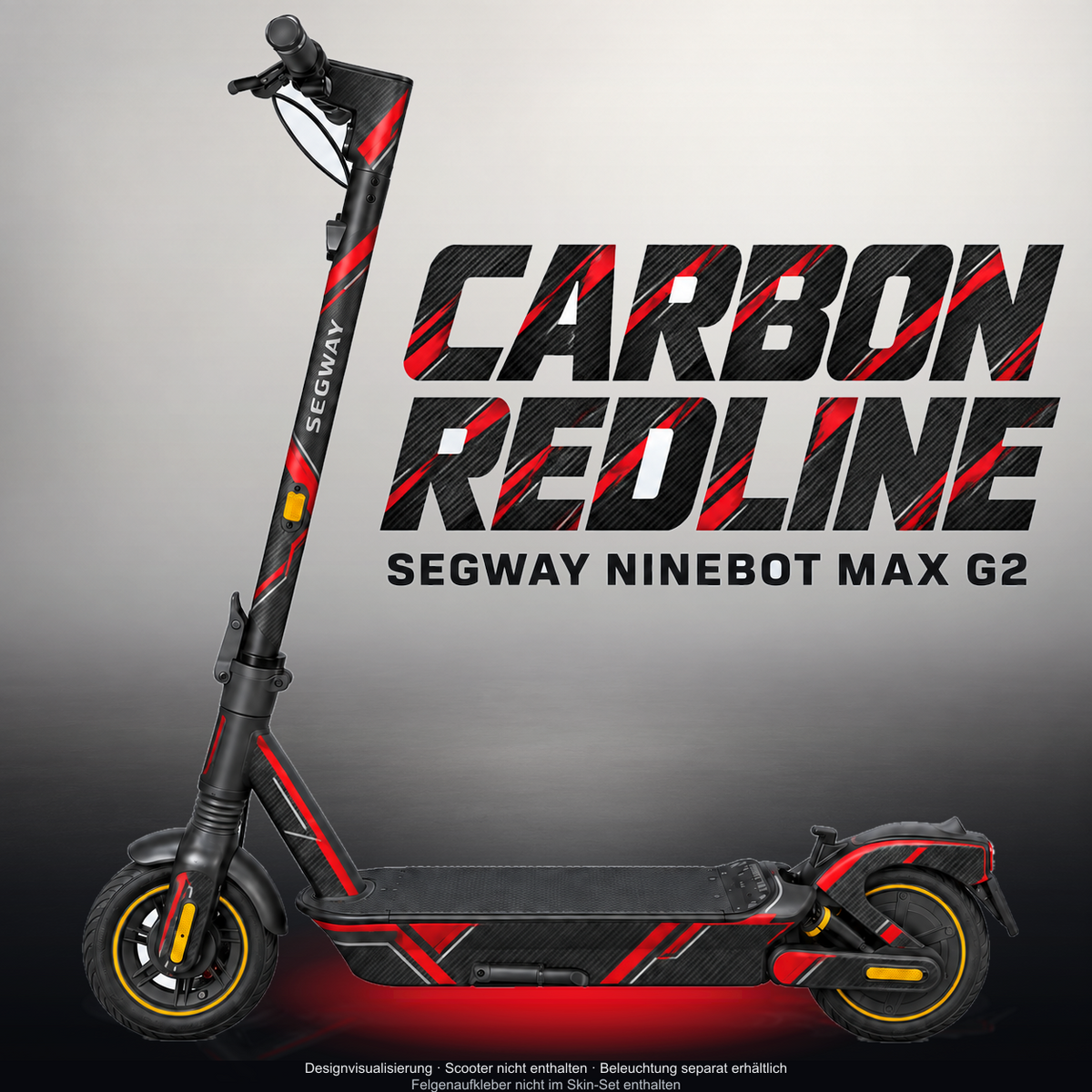 SEGWAY NINEBOT G2 MAX SKIN | CARBON REDLINE – Designvisualisierung mit Licht in der Skinfarbe; Scooter nicht enthalten, Beleuchtung separat erhältlich