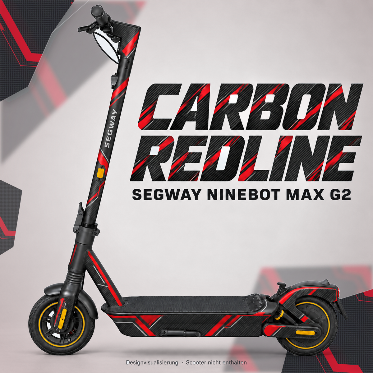 SEGWAY NINEBOT G2 MAX SKIN | CARBON REDLINE – Designvisualisierung am passenden Scooter. Scooter nicht enthalten.