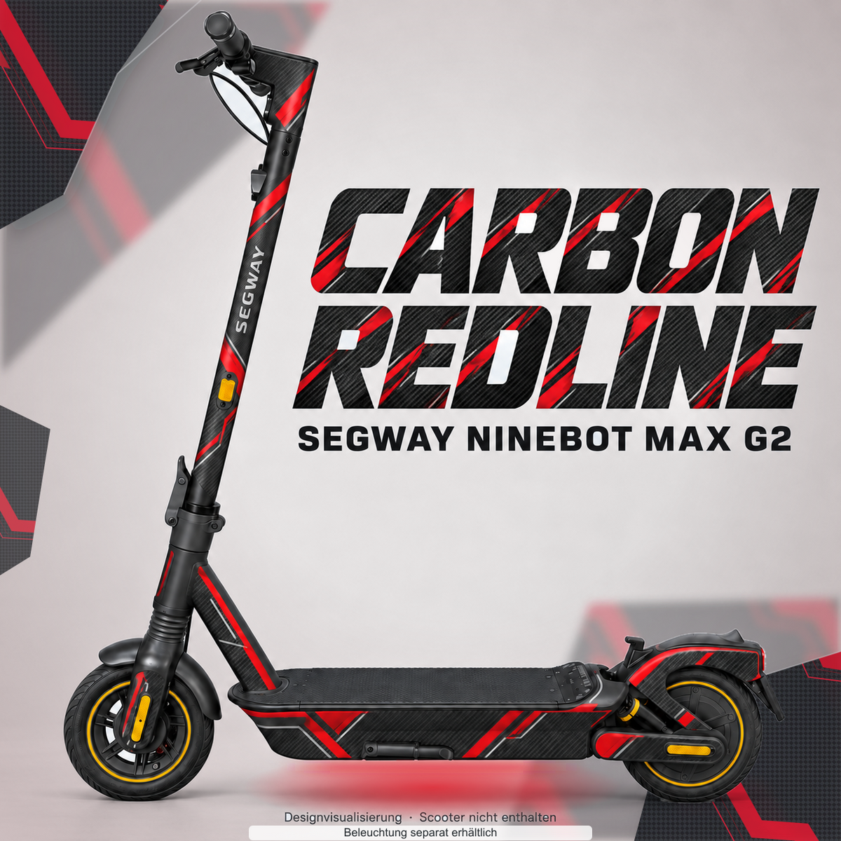 SEGWAY NINEBOT G2 MAX SKIN | CARBON REDLINE – Designvisualisierung mit optionalem Lichteffekt. Beleuchtung und Reifenaufkleber separat erhältlich. Scooter nicht enthalten.