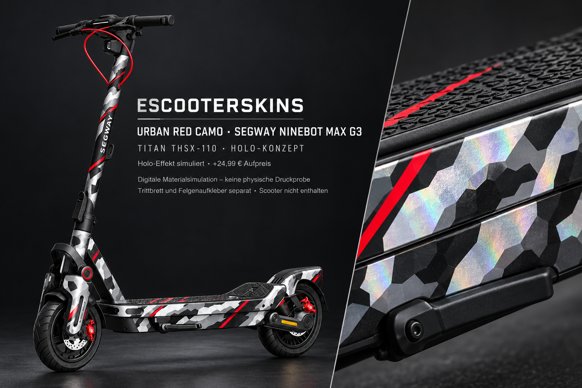 SEGWAY NINEBOT G3 / G3 D / G3 E SKIN | URBAN RED CAMO – Holo-Effekt simuliert; +24,99 EUR Aufpreis. Digitale Materialsimulation, keine physische Druckprobe. Nur Body-Skin; Trittbrett und Felgenaufkleber separat; Scooter nicht enthalten.