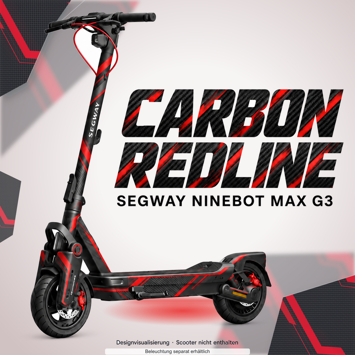 SEGWAY NINEBOT G3 / G3 D / G3 E SKIN | CARBON REDLINE – Designvisualisierung mit optionalem Lichteffekt. Beleuchtung und Reifenaufkleber separat erhältlich. Scooter nicht enthalten.