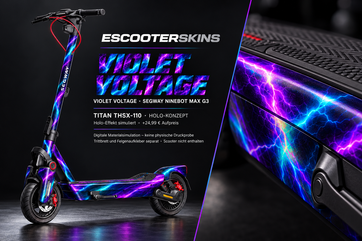 SEGWAY NINEBOT G3 / G3 D / G3 E SKIN | VIOLET VOLTAGE – Holo-Effekt simuliert; +24,99 EUR Aufpreis. Digitale Materialsimulation, keine physische Druckprobe. Nur Body-Skin; Trittbrett und Felgenaufkleber separat; Scooter nicht enthalten.