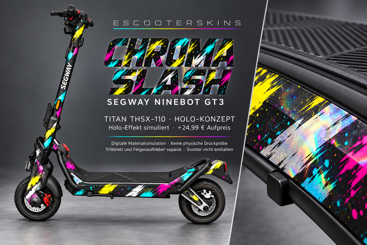 SEGWAY NINEBOT GT3 SKIN | CHROMA SLASH – Holo-Effekt simuliert; +24,99 EUR Aufpreis. Digitale Materialsimulation, keine physische Druckprobe. Nur Body-Skin; Trittbrett und Felgenaufkleber separat; Scooter nicht enthalten.