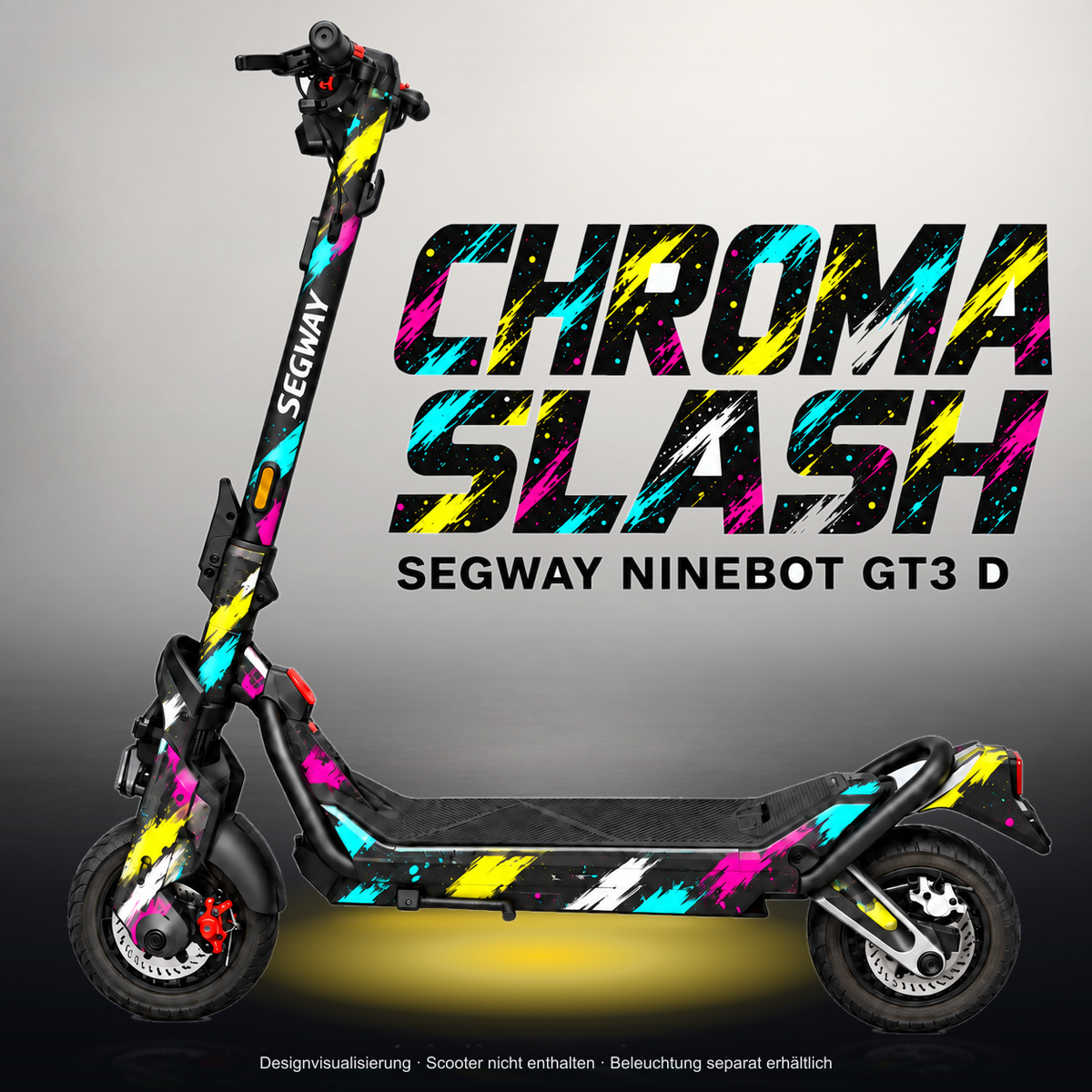 SEGWAY NINEBOT GT3 SKIN | CHROMA SLASH – Studiofoto mit Licht in der Skinfarbe; Scooter und Beleuchtung separat erhältlich