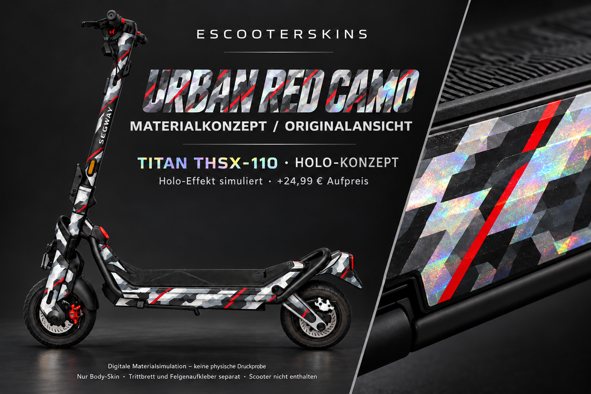 URBAN RED CAMO – Holo-Effekt simuliert; +24,99 EUR Aufpreis. Digitale Materialsimulation, keine physische Druckprobe. Nur Body-Skin; Trittbrett und Felgenaufkleber separat; Scooter nicht enthalten.