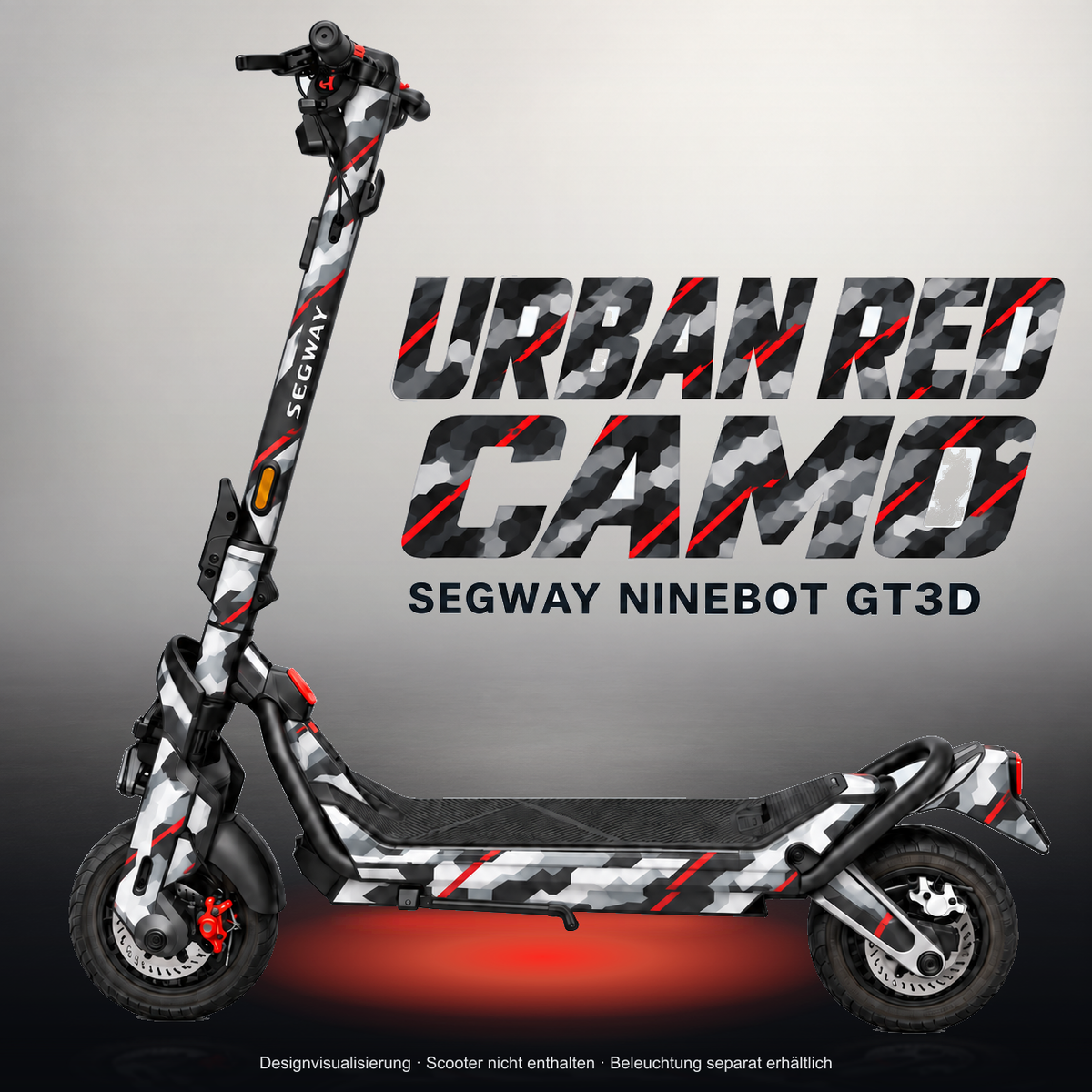 SEGWAY NINEBOT GT3 SKIN | URBAN RED CAMO – Studiofoto mit Licht in der Skinfarbe; Scooter und Beleuchtung separat erhältlich