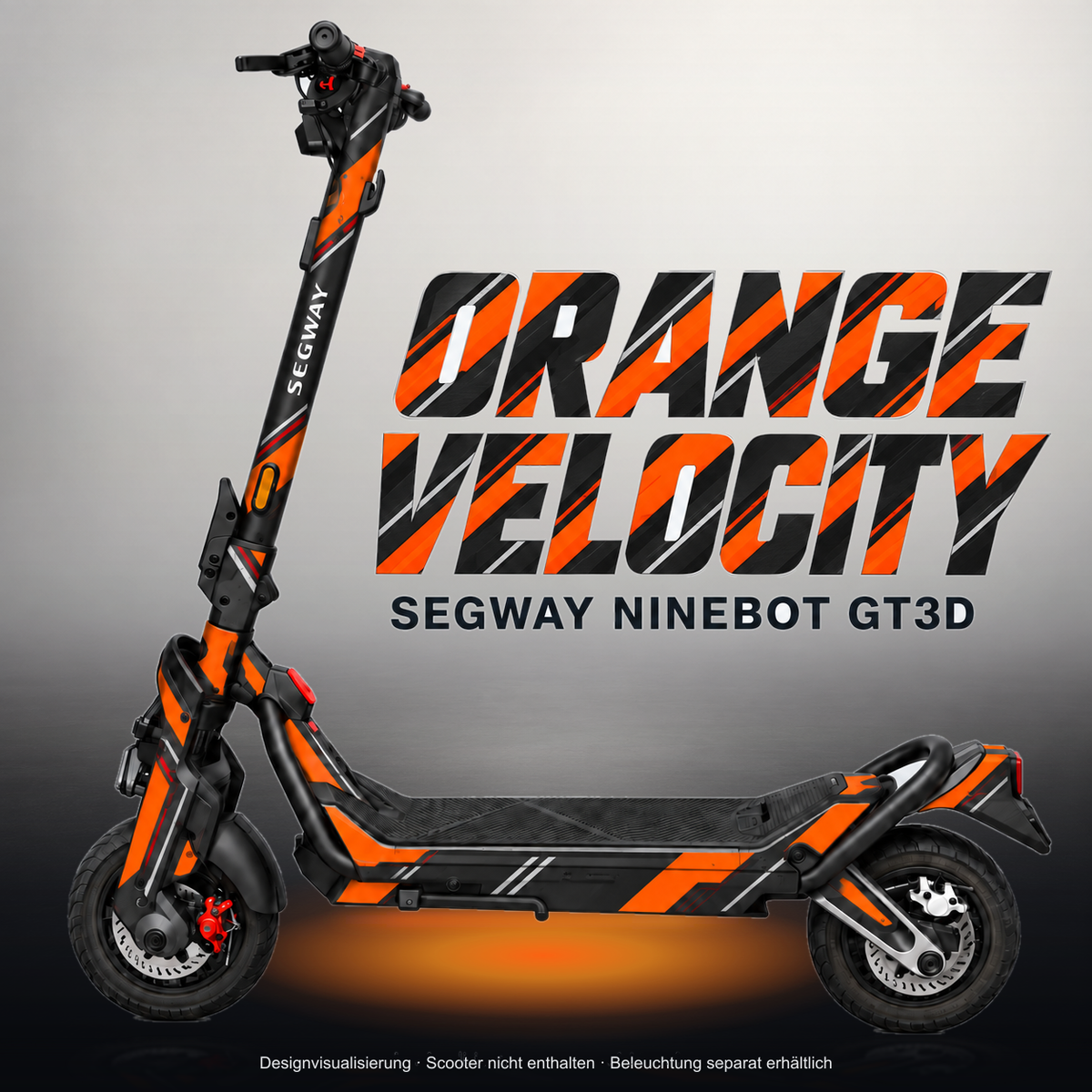 SEGWAY NINEBOT GT3 SKIN | ORANGE VELOCITY – Studiofoto mit Licht in der Skinfarbe; Scooter und Beleuchtung separat erhältlich