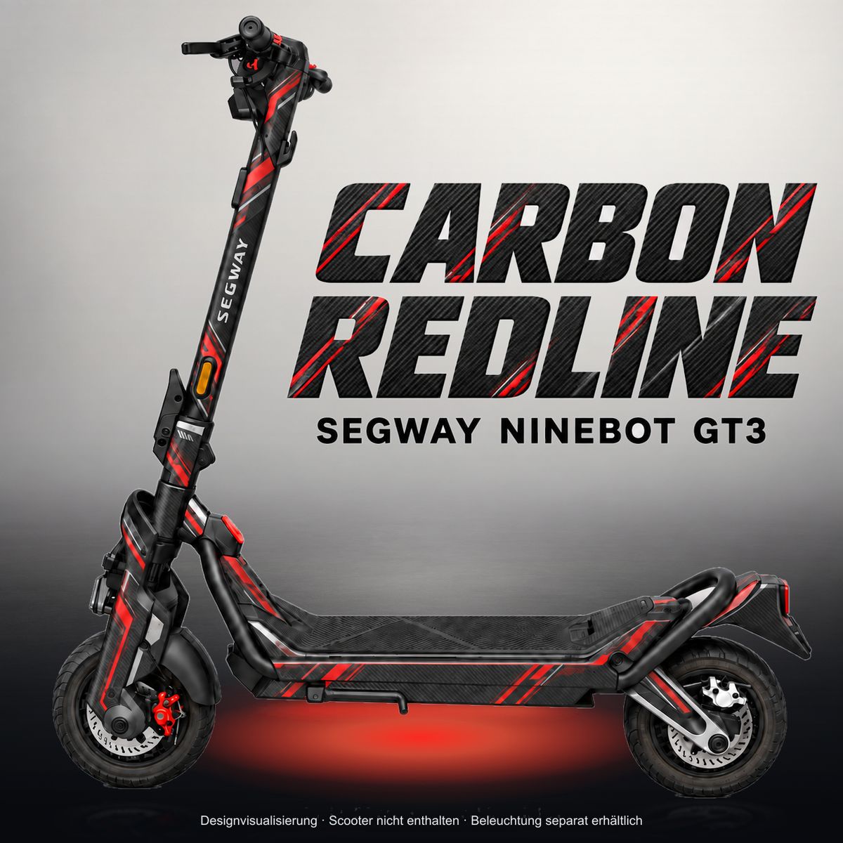 SEGWAY NINEBOT GT3 SKIN | CARBON REDLINE – Studiofoto mit Licht in der Skinfarbe; Scooter und Beleuchtung separat erhältlich