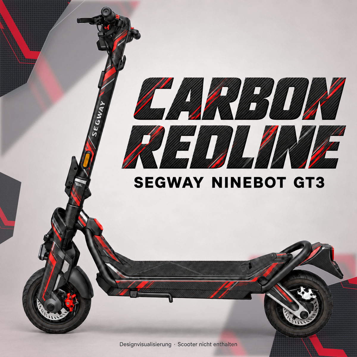 SEGWAY NINEBOT GT3 SKIN | CARBON REDLINE – Designvisualisierung am passenden Scooter. Scooter nicht enthalten.