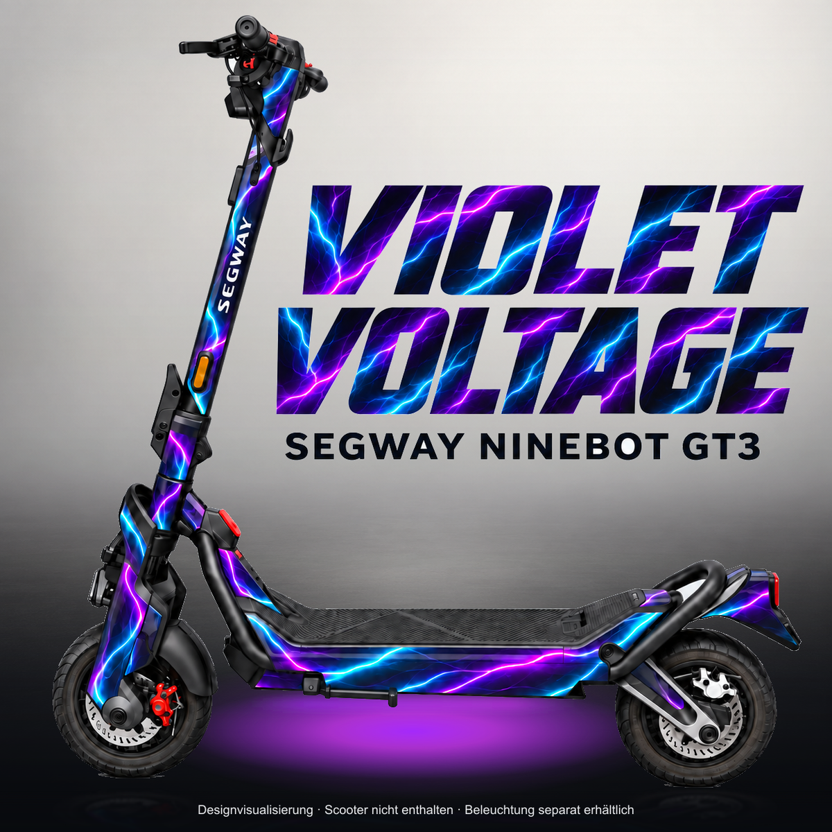 SEGWAY NINEBOT GT3 SKIN | VIOLET VOLTAGE – Studiofoto mit Licht in der Skinfarbe; Scooter und Beleuchtung separat erhältlich
