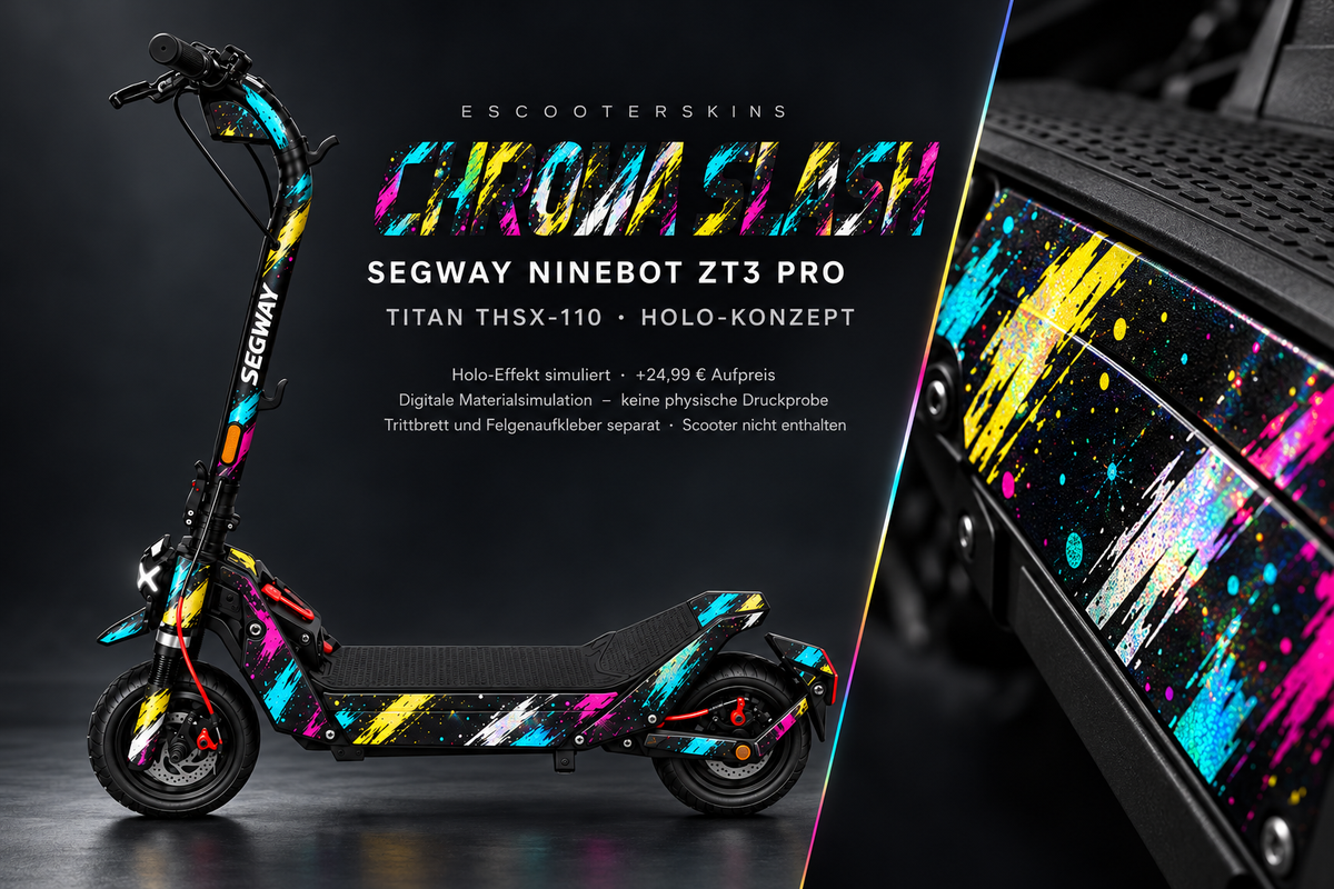 SEGWAY NINEBOT ZT3 PRO / ZT3 PRO D SKIN | CHROMA SLASH – Holo-Effekt simuliert; +24,99 EUR Aufpreis. Digitale Materialsimulation, keine physische Druckprobe. Nur Body-Skin; Trittbrett und Felgenaufkleber separat; Scooter nicht enthalten.