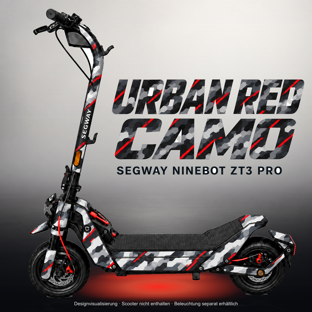 SEGWAY NINEBOT ZT3 PRO / ZT3 PRO D SKIN | URBAN RED CAMO – Studiofoto mit Licht in der Skinfarbe; Scooter und Beleuchtung separat erhältlich