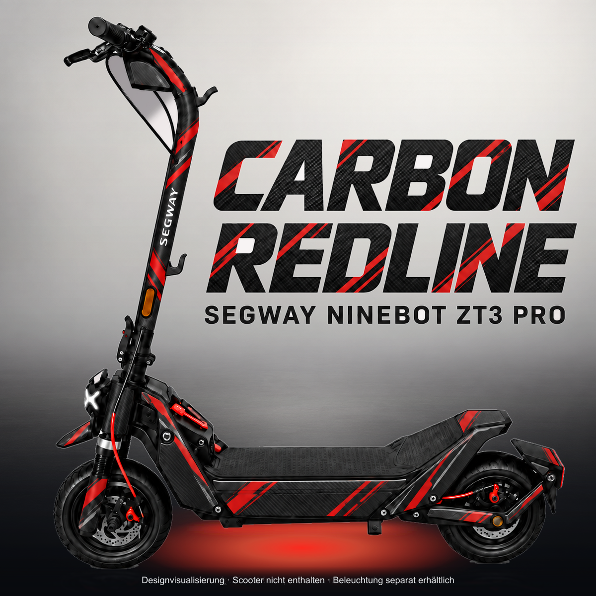 SEGWAY NINEBOT ZT3 PRO / ZT3 PRO D SKIN | CARBON REDLINE – Studiofoto mit Licht in der Skinfarbe; Scooter und Beleuchtung separat erhältlich