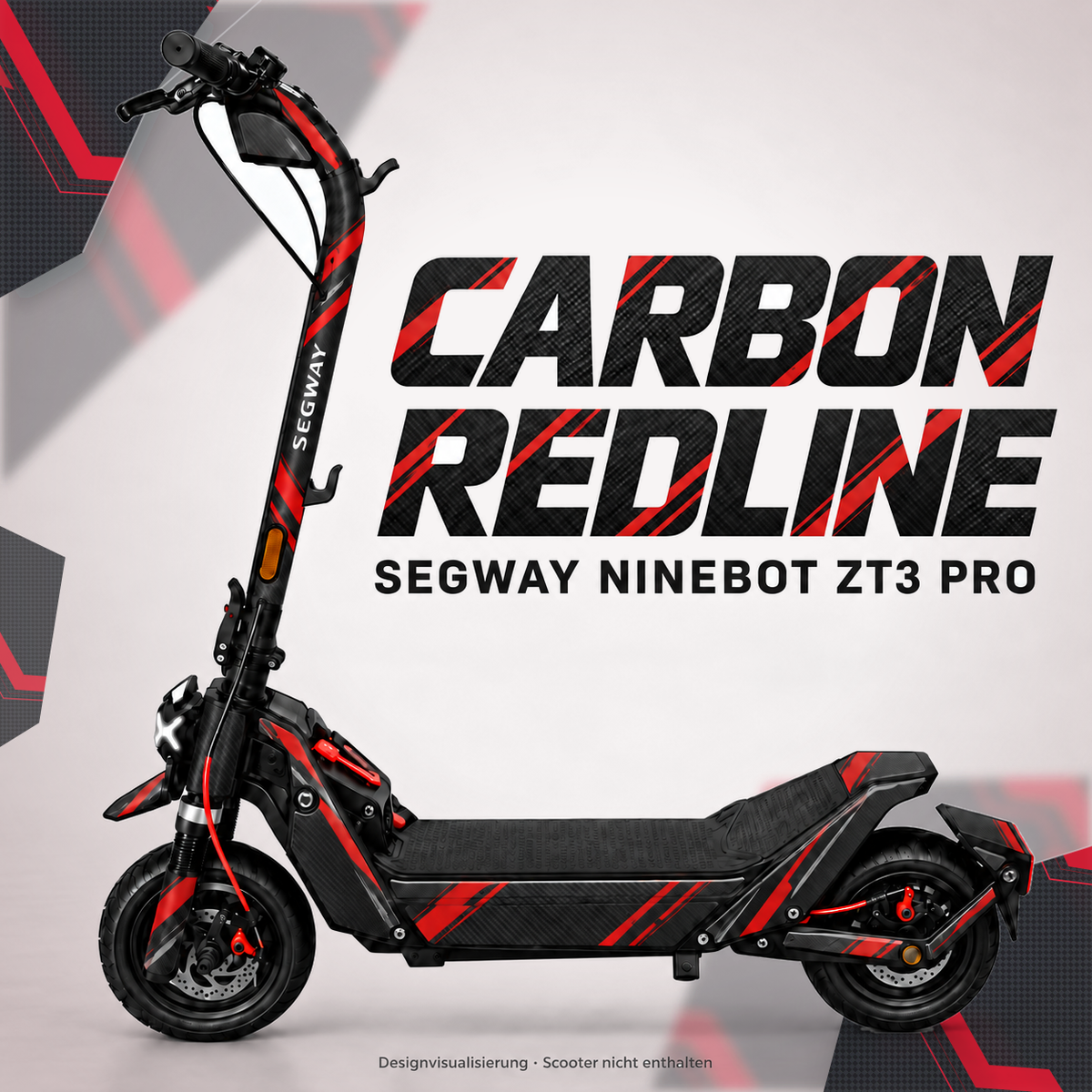 SEGWAY NINEBOT ZT3 SKIN | CARBON REDLINE – Designvisualisierung am passenden Scooter. Scooter nicht enthalten.