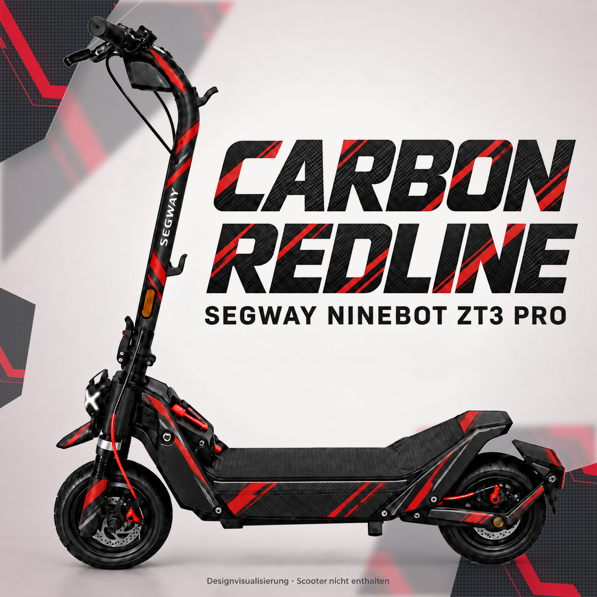 SEGWAY NINEBOT ZT3 SKIN | CARBON REDLINE – Designvisualisierung am passenden Scooter. Scooter nicht enthalten.