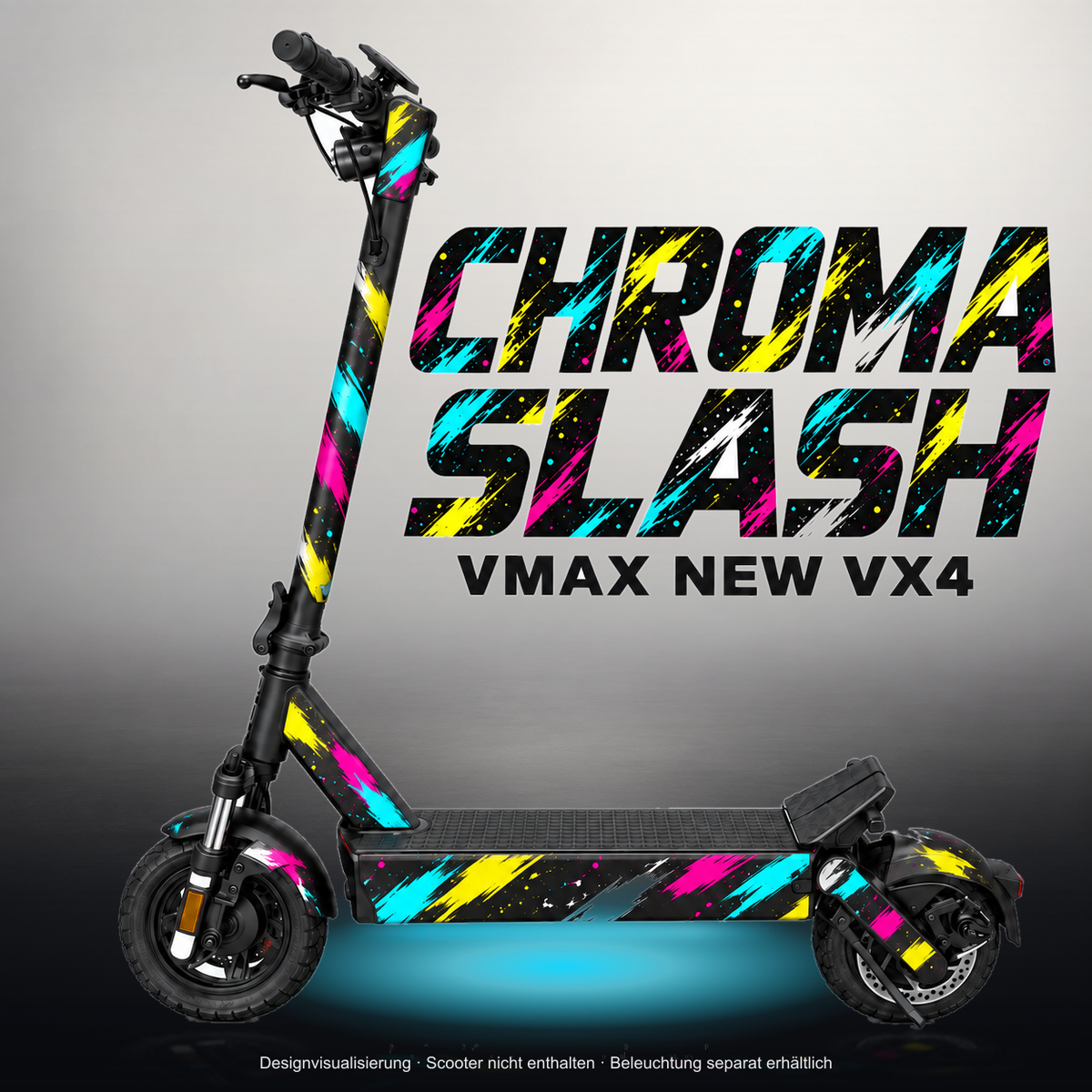 VMAX NEW VX4 SKIN | CHROMA SLASH – Studiofoto mit Licht in der Skinfarbe; Scooter und Beleuchtung separat erhältlich