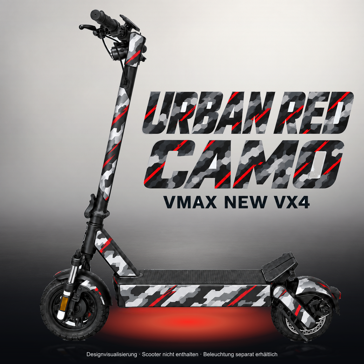 VMAX NEW VX4 SKIN | URBAN RED CAMO – Studiofoto mit Licht in der Skinfarbe; Scooter und Beleuchtung separat erhältlich