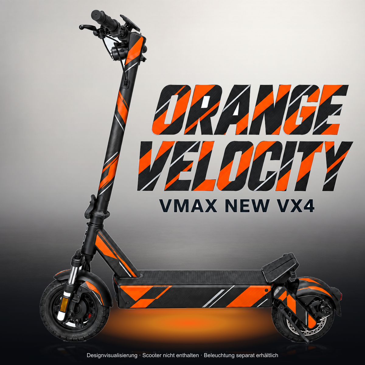 VMAX NEW VX4 SKIN | ORANGE VELOCITY – Studiofoto mit Licht in der Skinfarbe; Scooter und Beleuchtung separat erhältlich