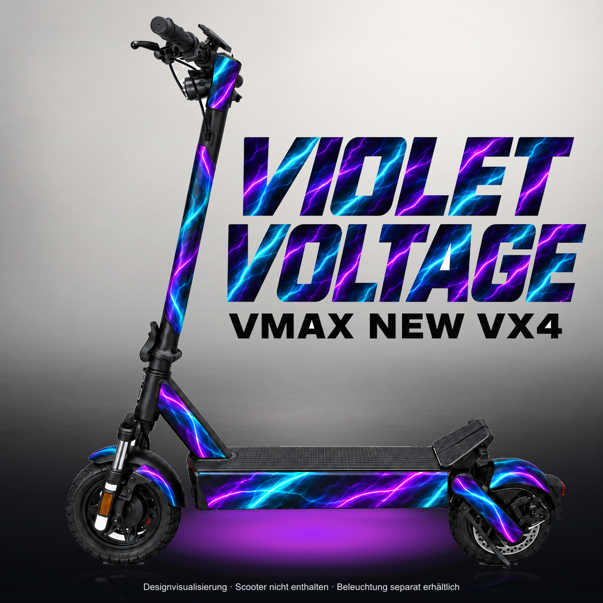 VMAX NEW VX4 SKIN | VIOLET VOLTAGE – Studiofoto mit Licht in der Skinfarbe; Scooter und Beleuchtung separat erhältlich