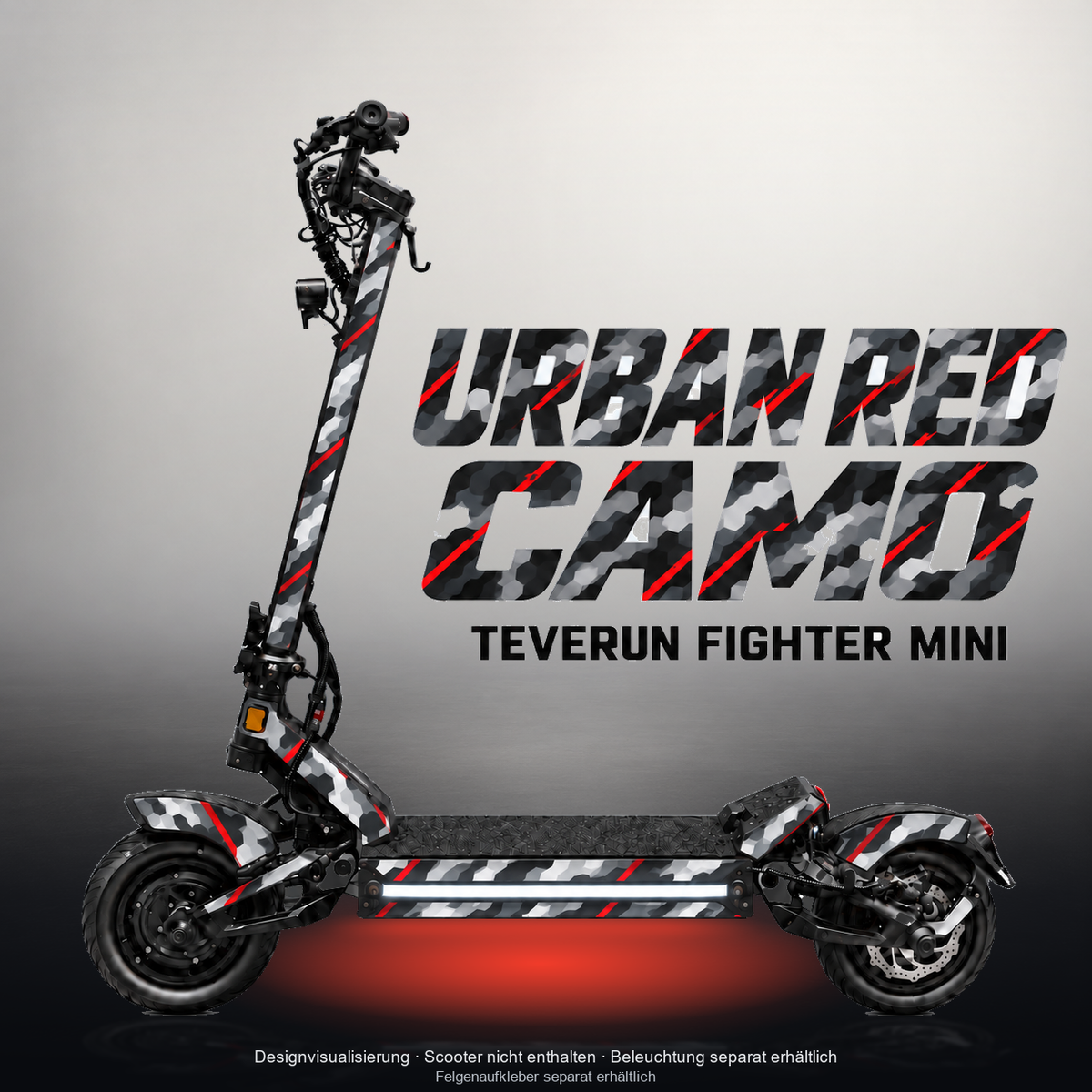 TEVERUN FIGHTER MINI / PRO SKIN | URBAN RED CAMO – Studiofoto mit Licht in der Skinfarbe; Scooter und Beleuchtung separat erhältlich