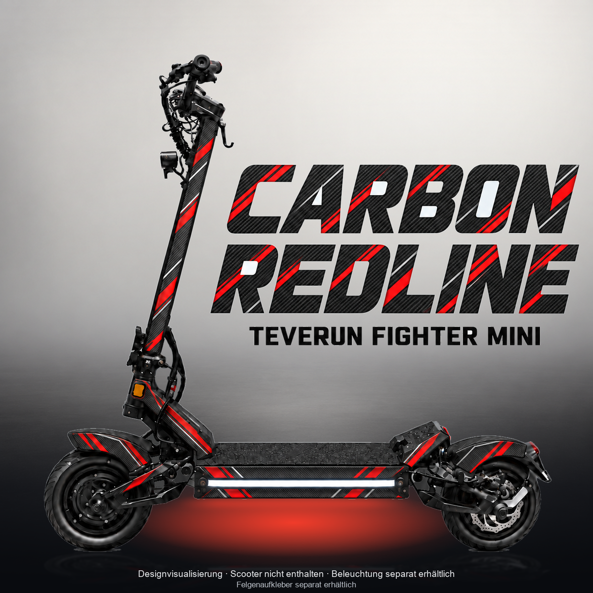 TEVERUN FIGHTER MINI / PRO SKIN | CARBON REDLINE – Designvisualisierung mit Licht in der Skinfarbe; Scooter nicht enthalten, Beleuchtung separat erhältlich