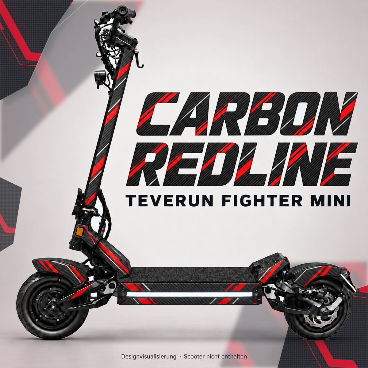 TEVERUN FIGHTER MINI SKIN | CARBON REDLINE – Designvisualisierung am passenden Scooter. Scooter nicht enthalten.
