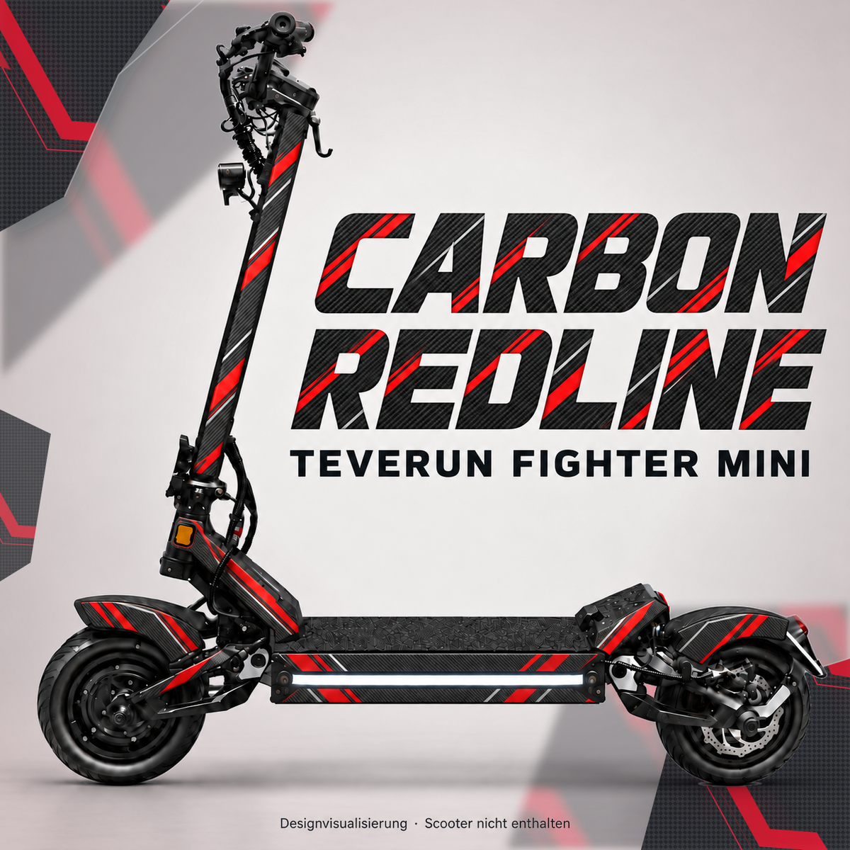 TEVERUN FIGHTER MINI SKIN | CARBON REDLINE – Designvisualisierung am passenden Scooter. Scooter nicht enthalten.