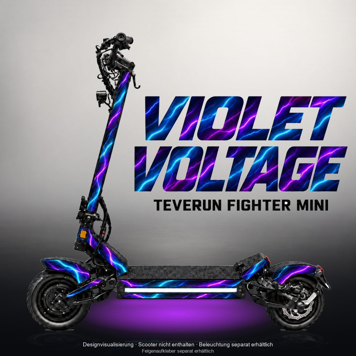 TEVERUN FIGHTER MINI / PRO SKIN | VIOLET VOLTAGE – Designvisualisierung mit Licht in der Skinfarbe; Scooter nicht enthalten, Beleuchtung separat erhältlich
