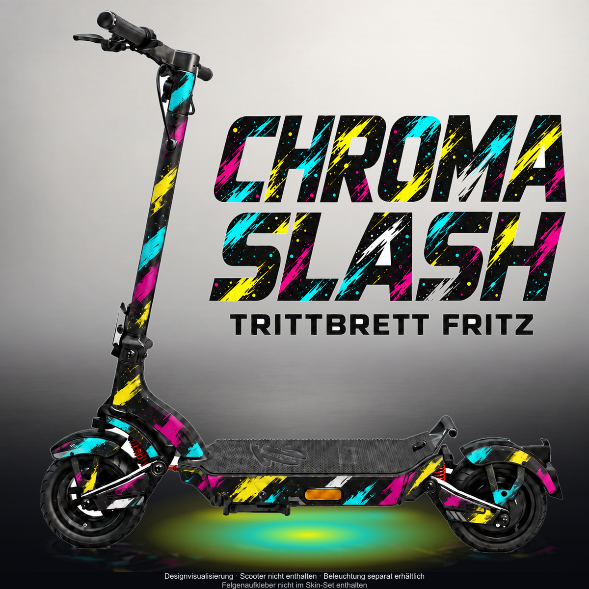 TRITTBRETT FRITZ SKIN | CHROMA SLASH – Designvisualisierung mit Licht in der Skinfarbe; Scooter nicht enthalten, Beleuchtung separat erhältlich