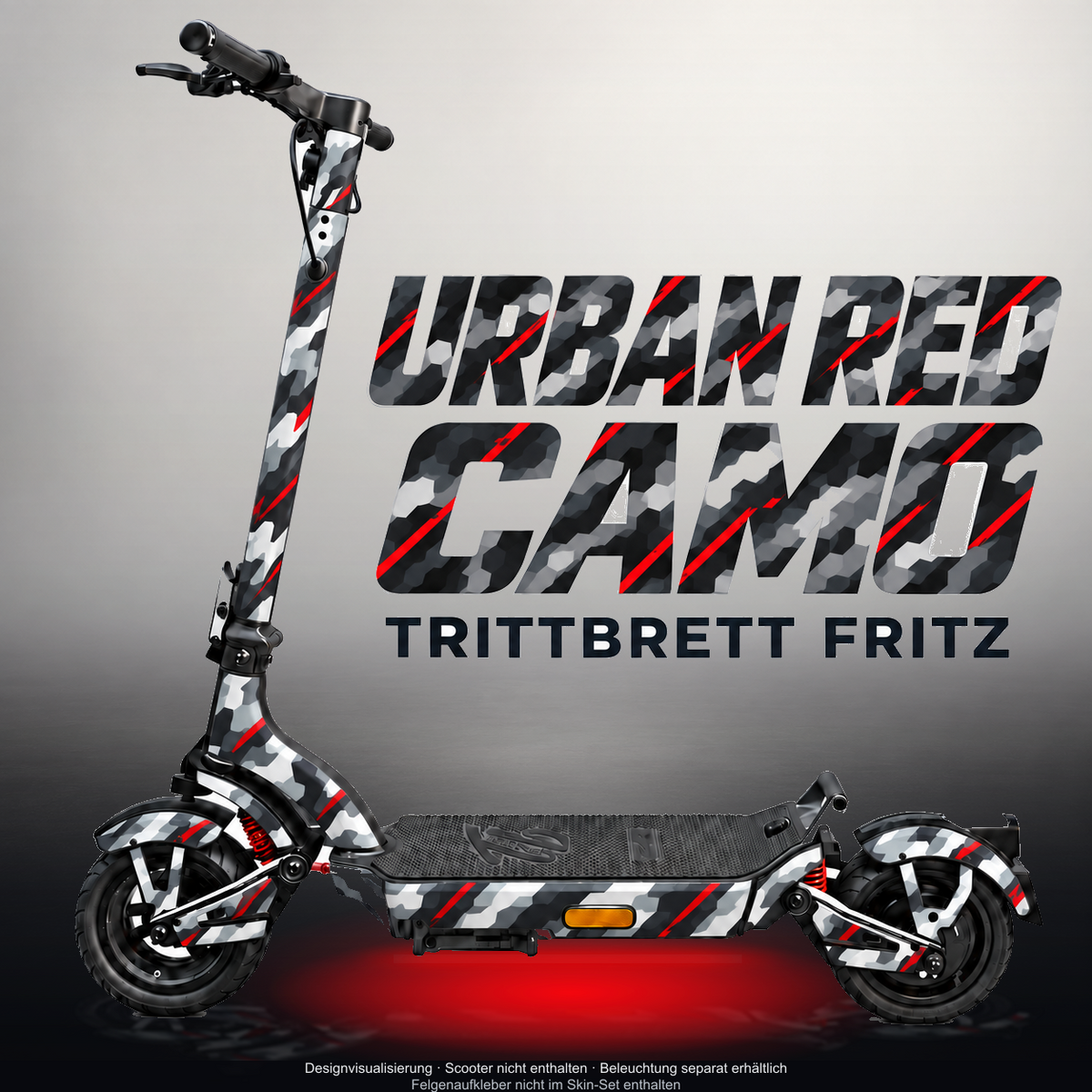 TRITTBRETT FRITZ SKIN | URBAN RED CAMO – Designvisualisierung mit Licht in der Skinfarbe; Scooter nicht enthalten, Beleuchtung separat erhältlich