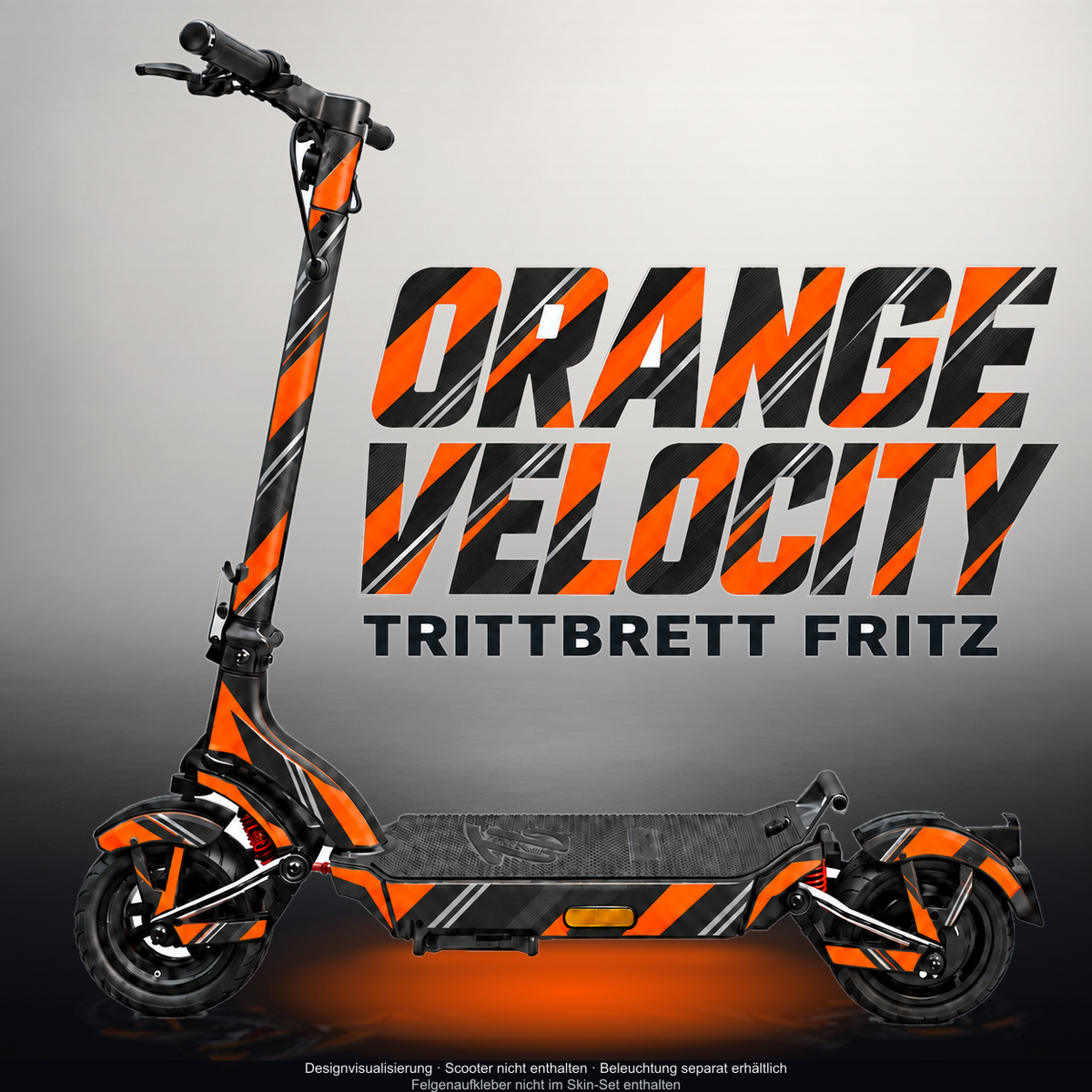 TRITTBRETT FRITZ SKIN | ORANGE VELOCITY – Designvisualisierung mit Licht in der Skinfarbe; Scooter nicht enthalten, Beleuchtung separat erhältlich