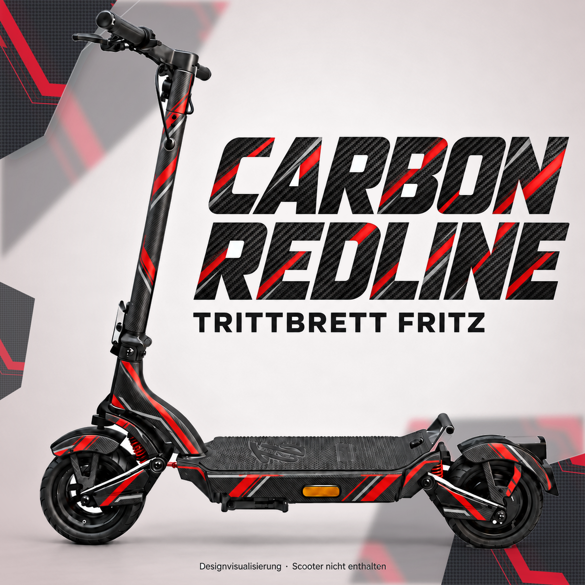 TRITTBRETT FRITZ SKIN | CARBON REDLINE – Designvisualisierung am passenden Scooter. Scooter nicht enthalten.