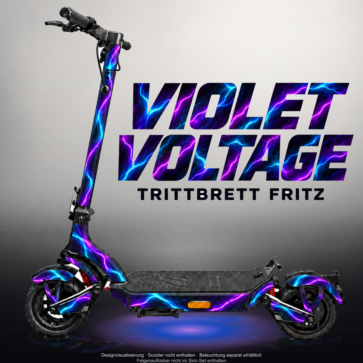 TRITTBRETT FRITZ SKIN | VIOLET VOLTAGE – Designvisualisierung mit Licht in der Skinfarbe; Scooter nicht enthalten, Beleuchtung separat erhältlich