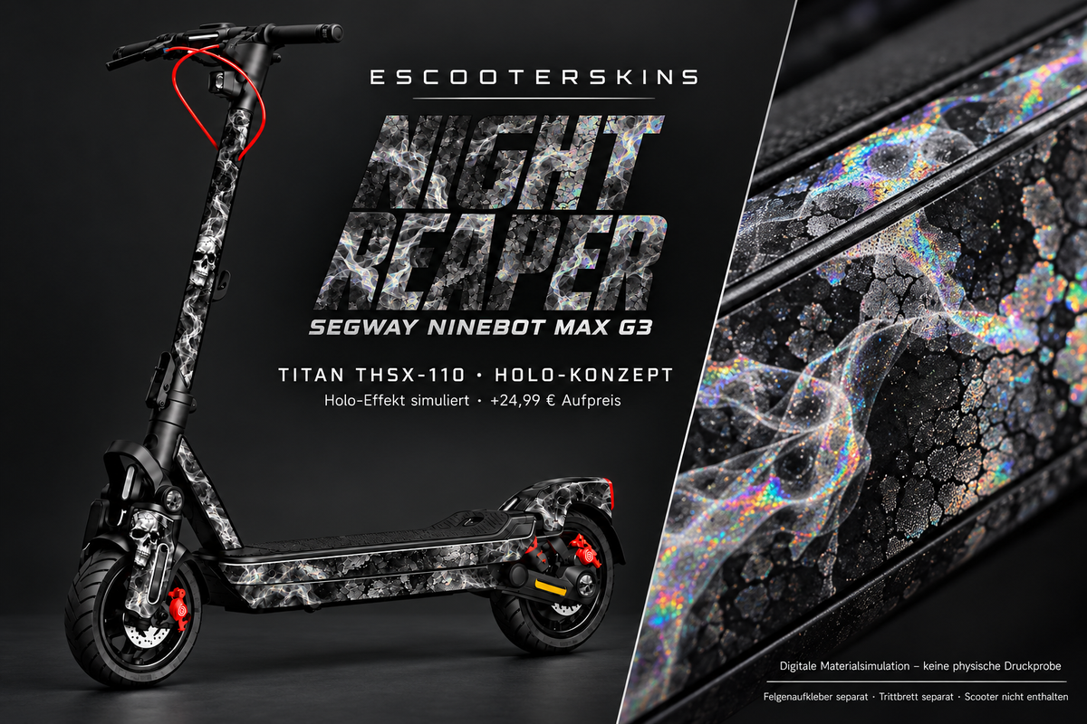 SEGWAY NINEBOT G3 / G3 D / G3 E SKIN | NIGHT REAPER – Holo-Effekt simuliert; +24,99 EUR Aufpreis. Digitale Materialsimulation, keine physische Druckprobe. Nur Body-Skin; Trittbrett und Felgenaufkleber separat; Scooter nicht enthalten.