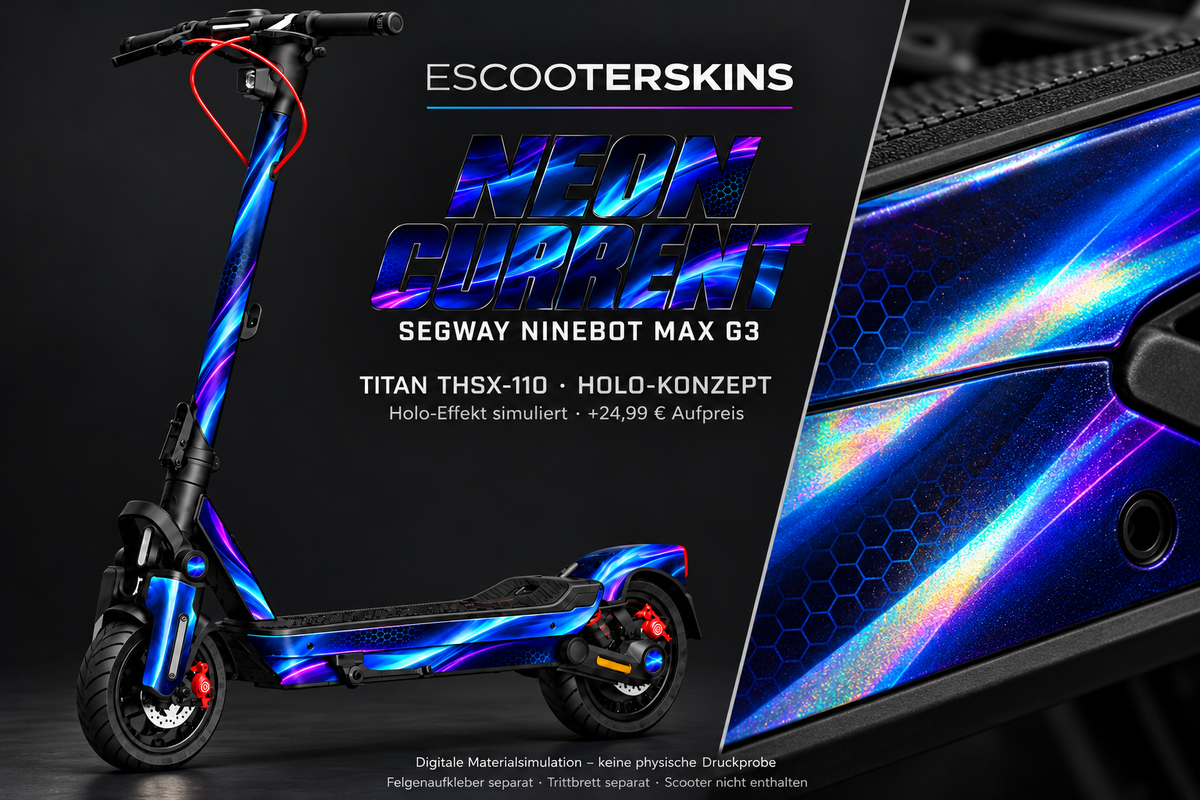 SEGWAY NINEBOT G3 / G3 D / G3 E SKIN | NEON CURRENT – Holo-Effekt simuliert; +24,99 EUR Aufpreis. Digitale Materialsimulation, keine physische Druckprobe. Nur Body-Skin; Trittbrett und Felgenaufkleber separat; Scooter nicht enthalten.