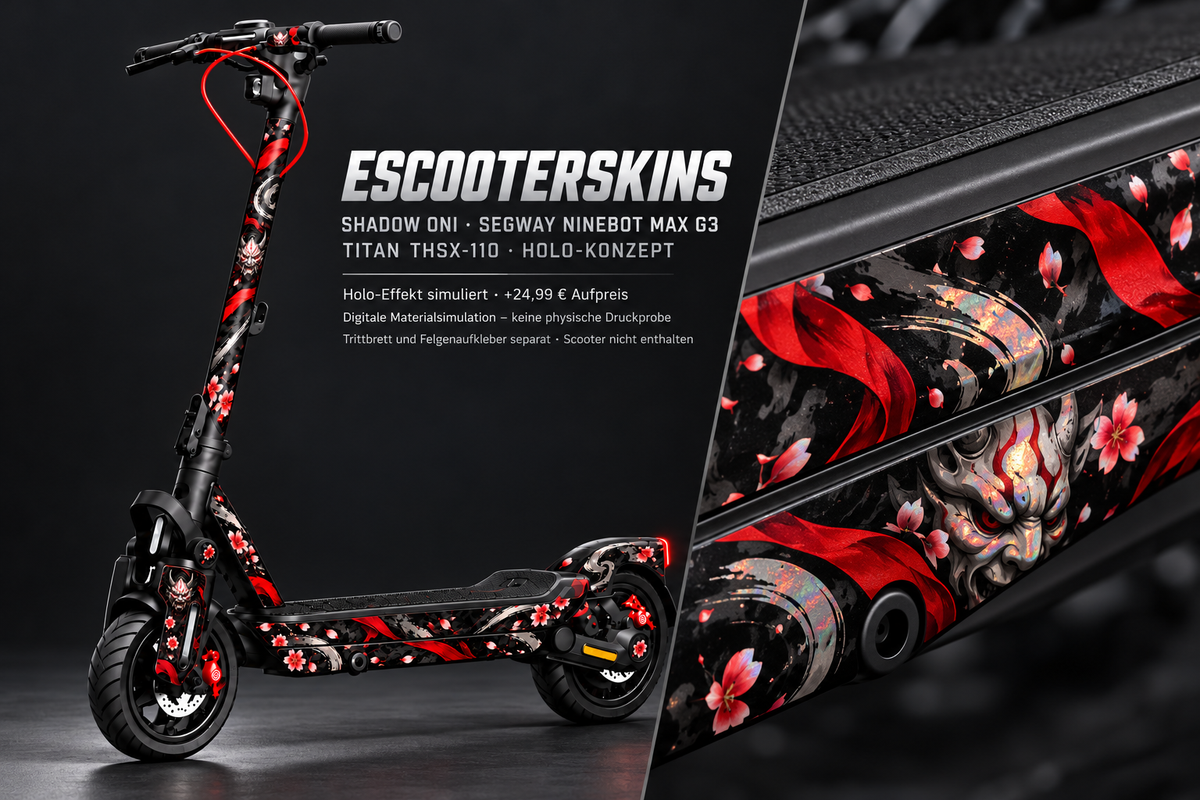 SEGWAY NINEBOT G3 / G3 D / G3 E SKIN | SHADOW ONI – Holo-Effekt simuliert; +24,99 EUR Aufpreis. Digitale Materialsimulation, keine physische Druckprobe. Nur Body-Skin; Trittbrett und Felgenaufkleber separat; Scooter nicht enthalten.
