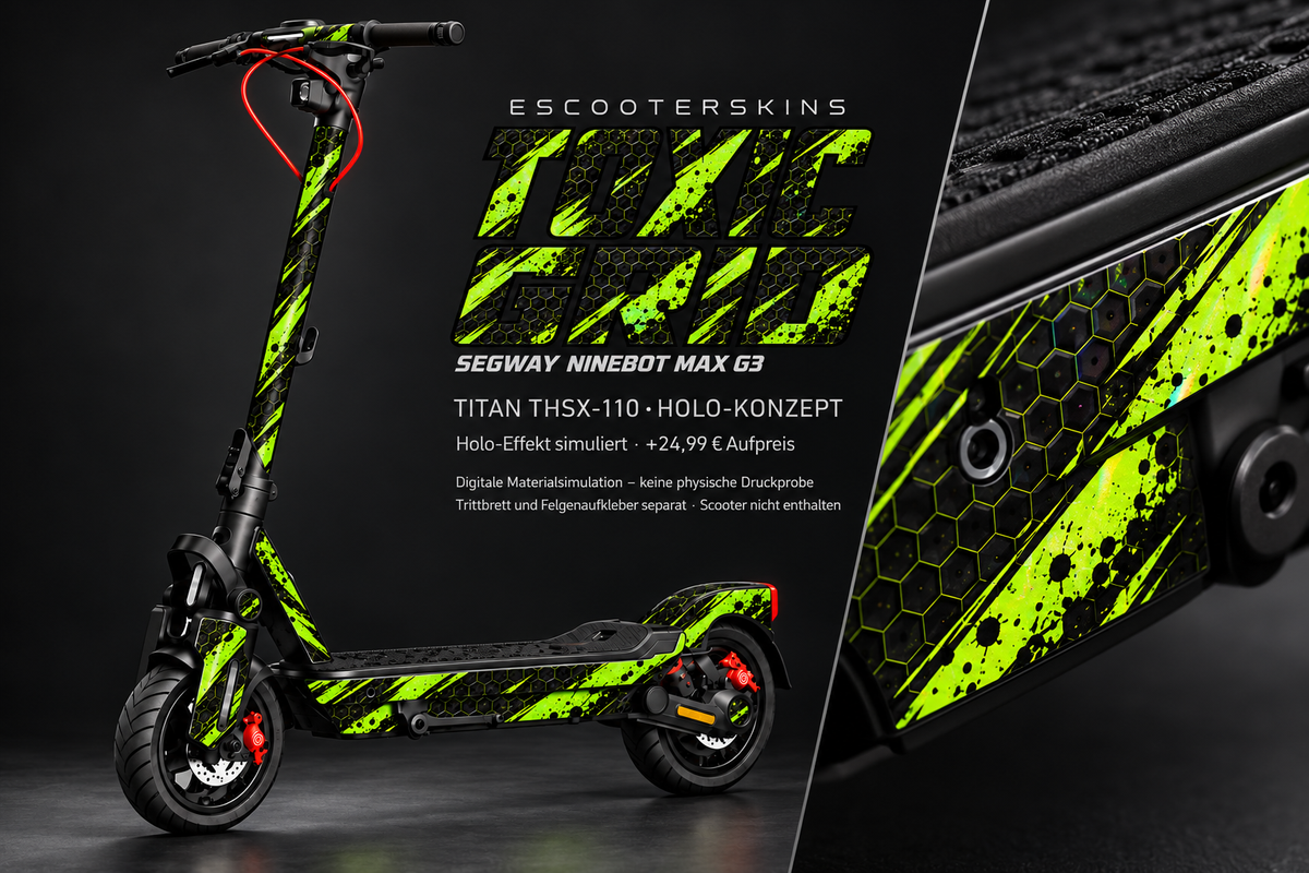 SEGWAY NINEBOT G3 / G3 D / G3 E SKIN | TOXIC GRID – Holo-Effekt simuliert; +24,99 EUR Aufpreis. Digitale Materialsimulation, keine physische Druckprobe. Nur Body-Skin; Trittbrett und Felgenaufkleber separat; Scooter nicht enthalten.
