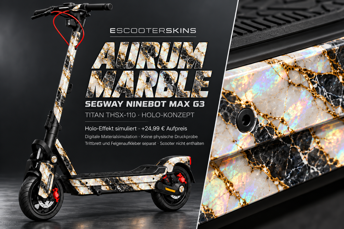 SEGWAY NINEBOT G3 / G3 D / G3 E SKIN | AURUM MARBLE – Holo-Effekt simuliert; +24,99 EUR Aufpreis. Digitale Materialsimulation, keine physische Druckprobe. Nur Body-Skin; Trittbrett und Felgenaufkleber separat; Scooter nicht enthalten.